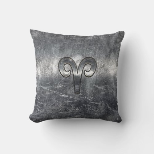 Aries Zodiac Symbol in Silver Distressed Style Throw Pillow