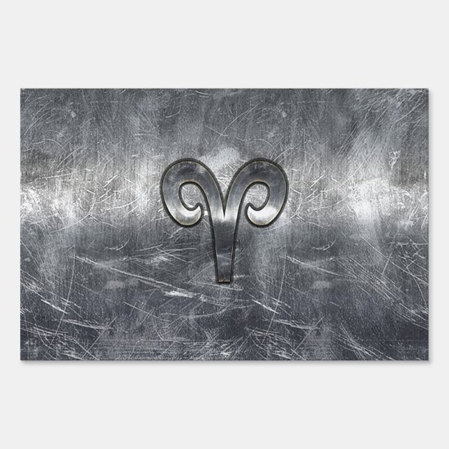 Aries Zodiac Symbol in Silver Distressed Style Yard Sign (Front)