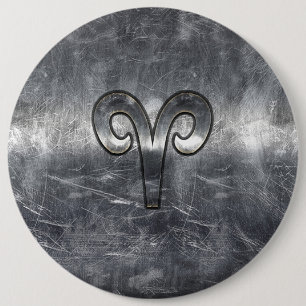 Aries Zodiac Symbol in Silver Steel Style Pinback Button