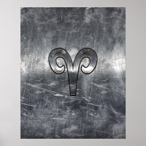 Aries Zodiac Symbol in Silver Steel Style Poster
