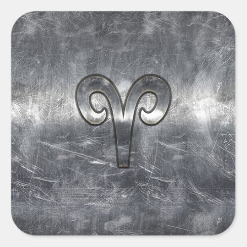 Aries Zodiac Symbol in Silver Steel Style Square Sticker