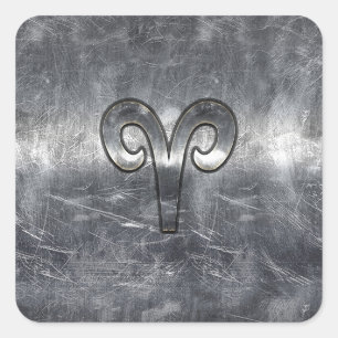 Aries Zodiac Symbol in Silver Steel Style Square Sticker