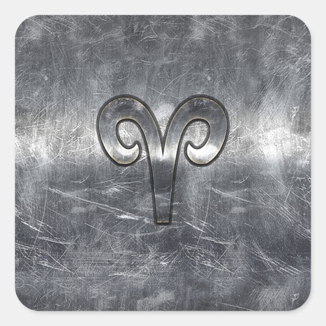 Aries Zodiac Symbol in Silver Steel Style Square Sticker (Front)