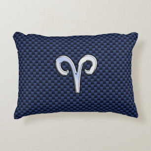 Aries Zodiac Symbol Navy Blue Carbon Fiber Style Decorative Pillow