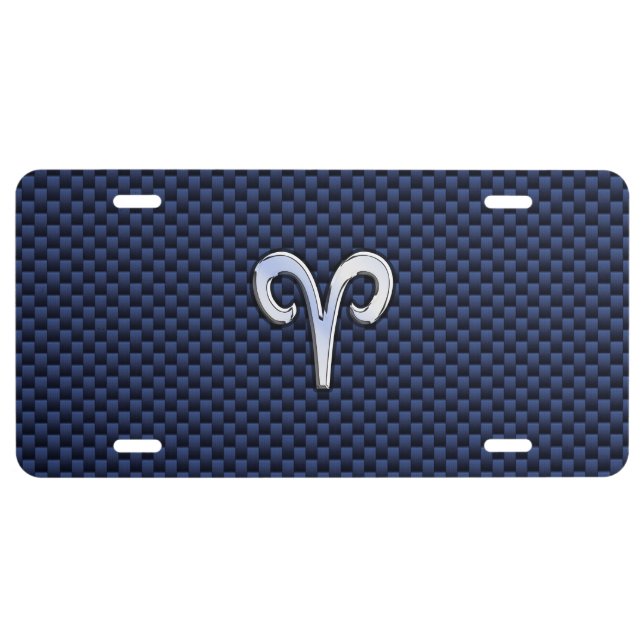 Aries Zodiac Symbol Navy Blue Carbon Fiber Style License Plate (Front)