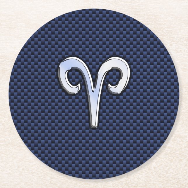 Aries Zodiac Symbol Navy Blue Carbon Fiber Style Round Paper Coaster (Front)