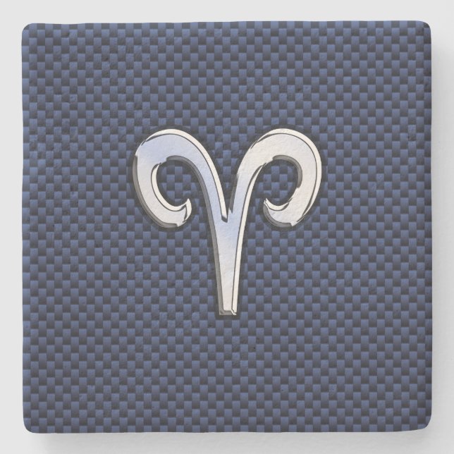 Aries Zodiac Symbol Navy Blue Carbon Fiber Style Stone Coaster (Front)