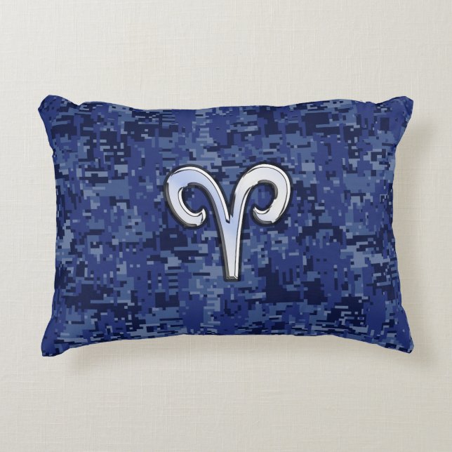 Aries Zodiac Symbol on Navy Blue Digital Camo Accent Pillow (Front)