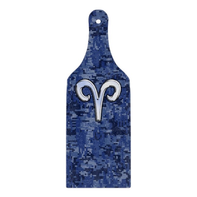 Aries Zodiac Symbol on Navy Blue Digital Camo Cutting Board (Front)