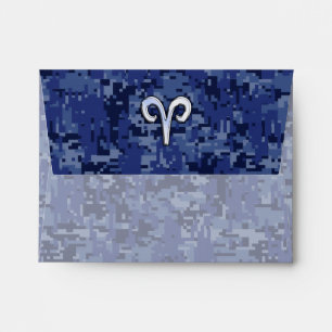 Aries Zodiac Symbol on Navy Blue Digital Camo Envelope