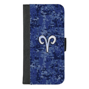 Aries Zodiac Symbol on Navy Blue Digital Camo iPhone 8/7 Plus Wallet Case