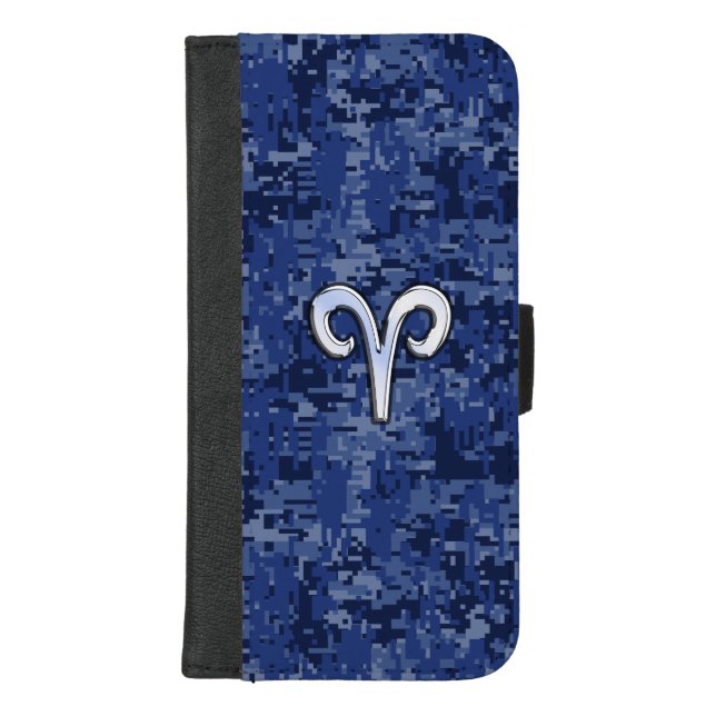 Aries Zodiac Symbol on Navy Blue Digital Camo iPhone Wallet Case (Front)