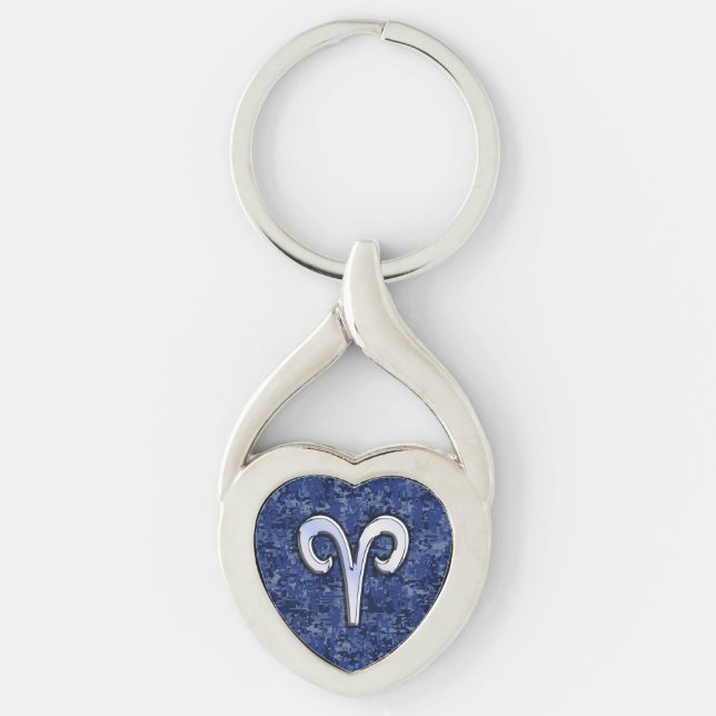 Aries Zodiac Symbol on Navy Blue Digital Camo Keychain (Front)