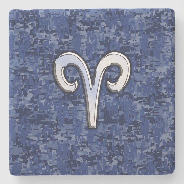 Aries Zodiac Symbol on Navy Blue Digital Camo Stone Coaster (Front)