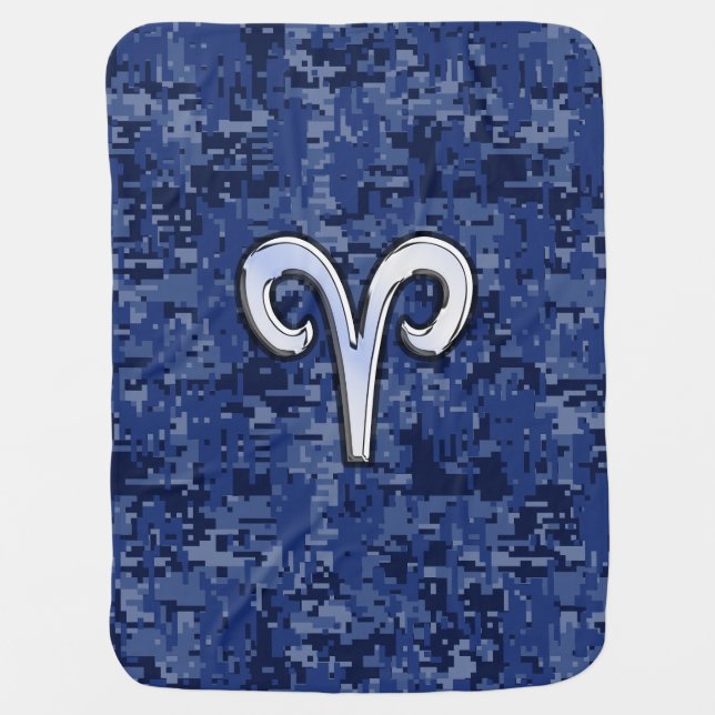 Aries Zodiac Symbol on Navy Blue Digital Camo Stroller Blanket (Front)