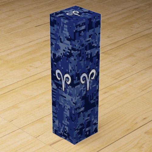 Aries Zodiac Symbol on Navy Blue Digital Camo Wine Box
