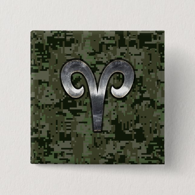 Aries Zodiac Symbol Woodland Digital Camouflage Button (Front)