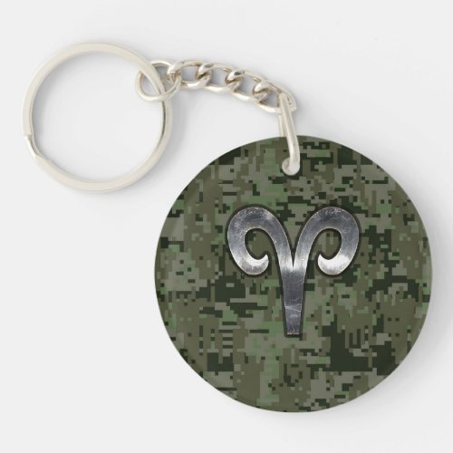 Aries Zodiac Symbol Woodland Digital Camouflage Keychain