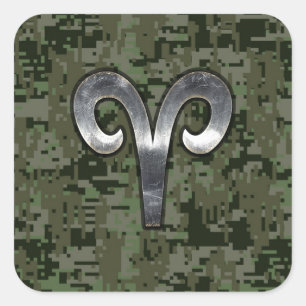 Aries Zodiac Symbol Woodland Digital Camouflage Square Sticker