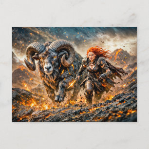 Aries Zodiac with Warrior and Charging Ram Postcard