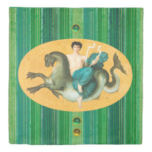 ARION ON A SEA HORSE HOLDING A LYRA Green Stripes Duvet Cover