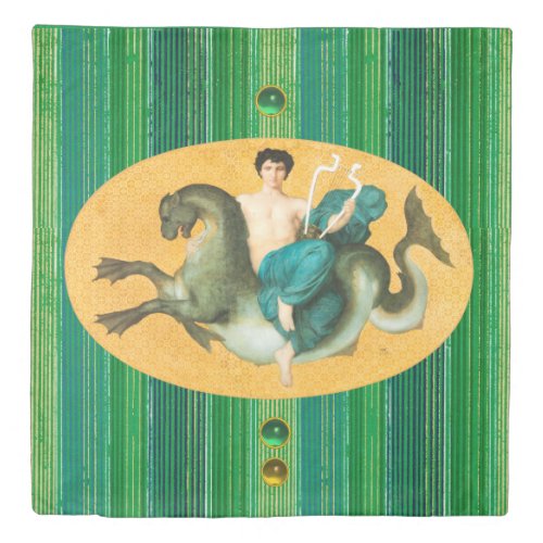 ARION ON A SEA HORSE HOLDING A LYRA Green Stripes Duvet Cover