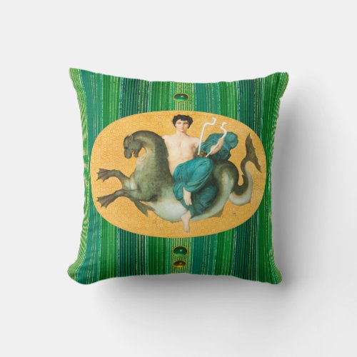 ARION ON A SEA HORSE HOLDING A LYRA Green Stripes Throw Pillow