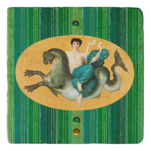 ARION ON A SEA HORSE HOLDING A LYRA Green Stripes Trivet