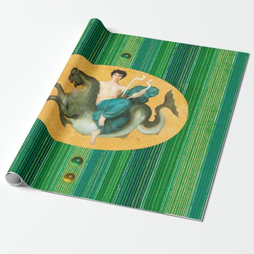 ARION ON A SEA HORSE HOLDING A LYRA Green Stripes  Wrapping Paper
