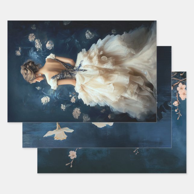 Aristocrat Lady Elegant Portrait Navy Blue Wrapping Paper Sheets (Set)