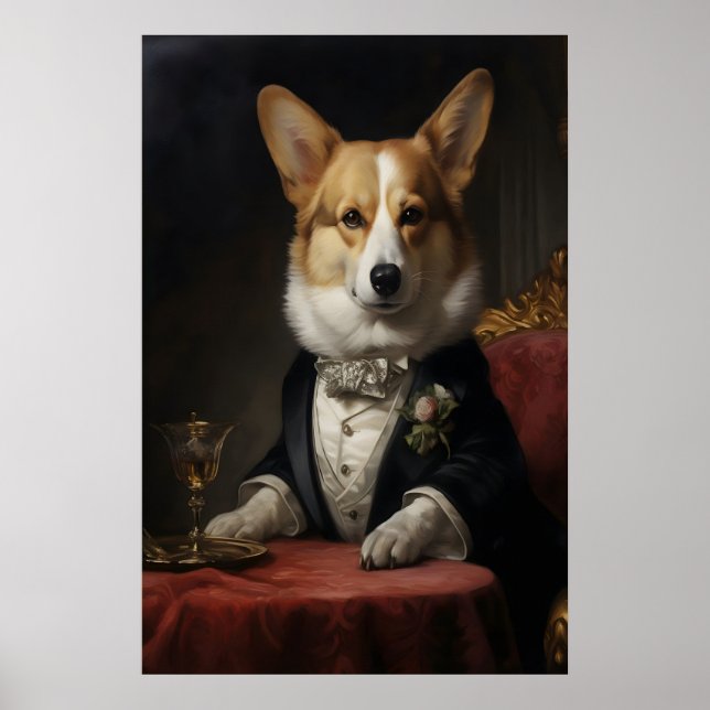Aristocratic Corgi Portrait Print, Funny Poster (Front)