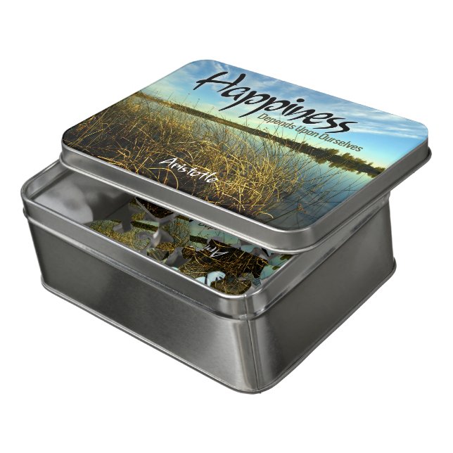Aristotle Inspirational Quote "Happiness" Box & Jigsaw Puzzle (Lid Open)