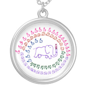 Arithmetic mandala surrounding the elephant facing silver plated necklace