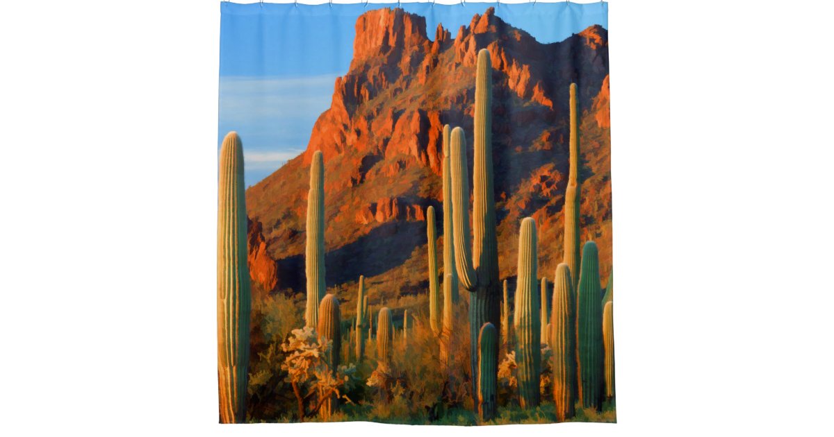 Arizon Desert Saguaro Cactus And Mountains Shower Curtain