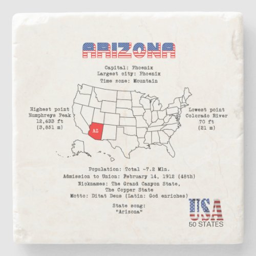 Arizona American state on a map and useful info Stone Coaster