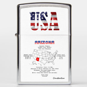 Arizona American state on a map and useful info Zippo Lighter