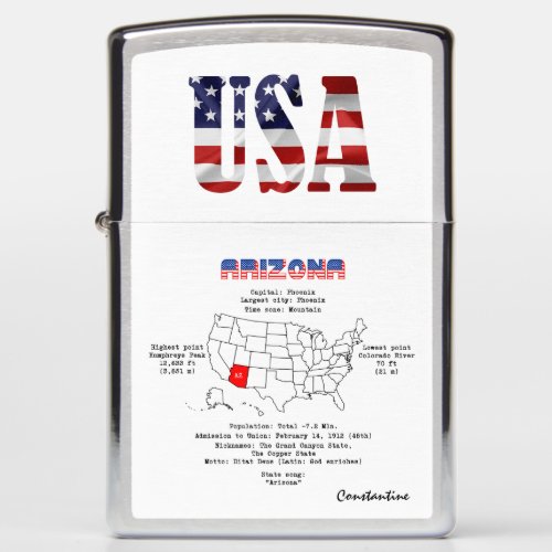 Arizona American state on a map and useful info Zippo Lighter