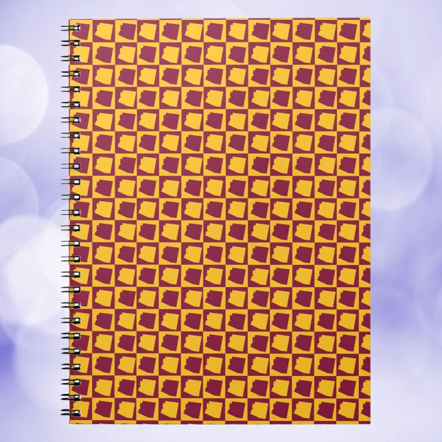 Arizona Checkerboard Maroon Gold Pattern Notebook (A notebook with a pattern of maroon and gold checkerboard with the US state of Arizona.)