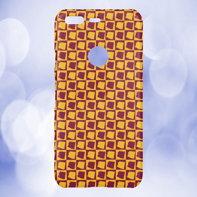 Arizona Checkerboard Maroon Gold Uncommon Google Pixel Case (A phone case featuring a maroon and gold pattern with the US state of Arizona.)