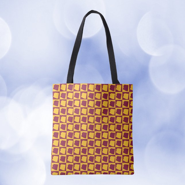 Arizona Checkered Maroon and Gold Pattern Tote Bag (A tote bag with a maroon and gold pattern featuring the US state of Arizona.)