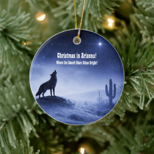 Arizona Christmas Desert Coyote Cactus Night Ceramic Ornament