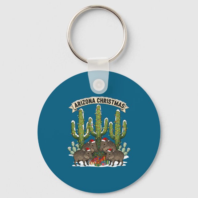 Arizona Christmas Javelina Family Desert Saguaros  Keychain (Front)