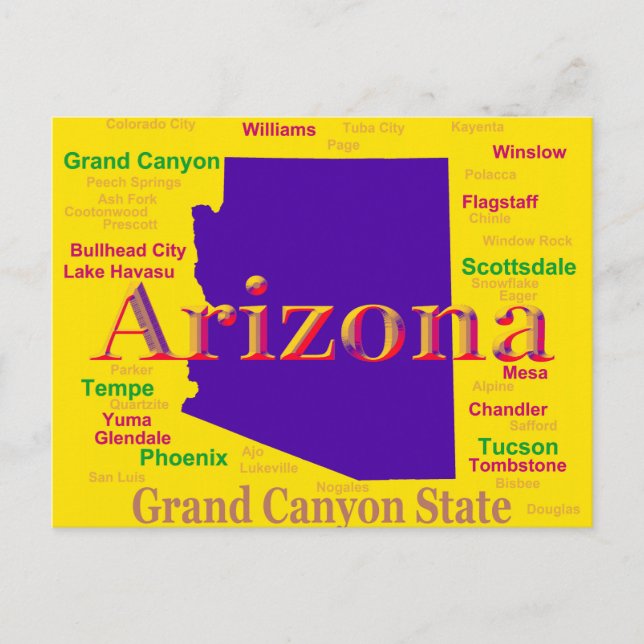 Arizona Colorful Map, Grand Canyon State Postcard (Front)