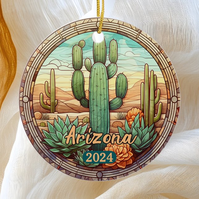 Arizona Desert Cactus Faux Stained Glass  Ceramic Ornament (Creator Uploaded)