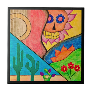 Arizona Desert Cactus Guitar Skull Ceramic Tile