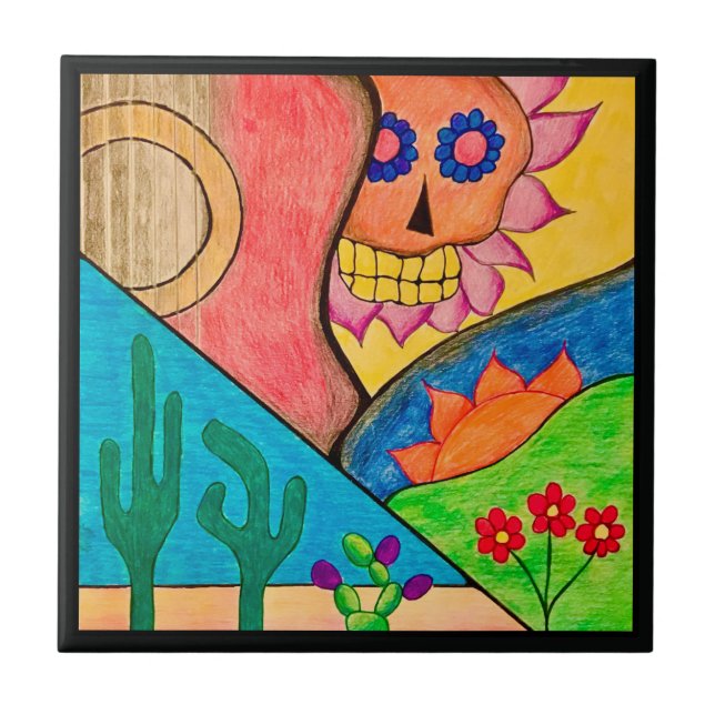 Arizona Desert Cactus Guitar Skull Ceramic Tile (Front)