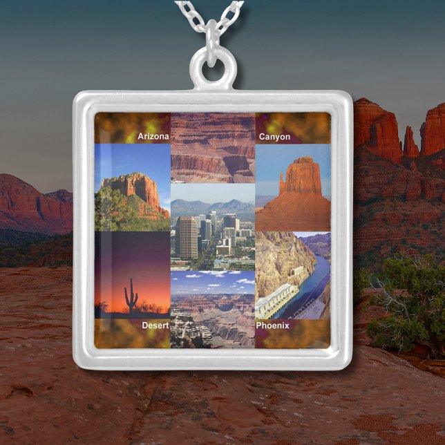 Arizona Desert Collage Square Silver Plated Necklace (Arizona Desert Collage Square Silver Plated Necklace)