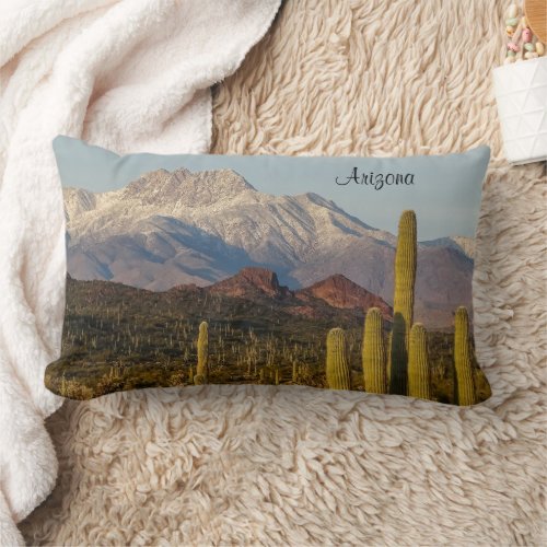 Arizona Desert Saguaro Cacti Snowy Mountain Lumbar Pillow
