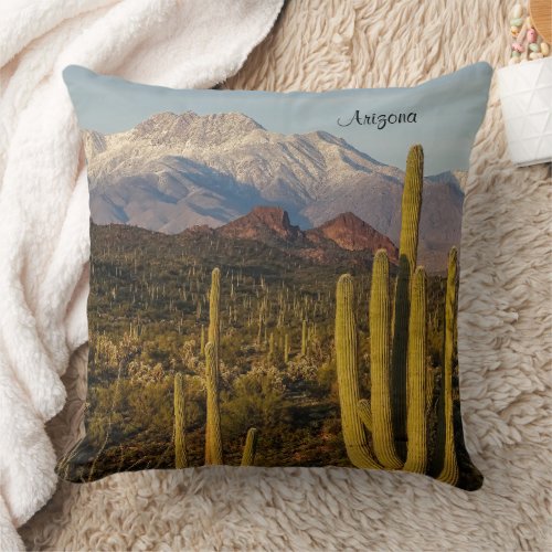 Arizona Desert Saguaro Cacti Snowy Mountain Throw Pillow