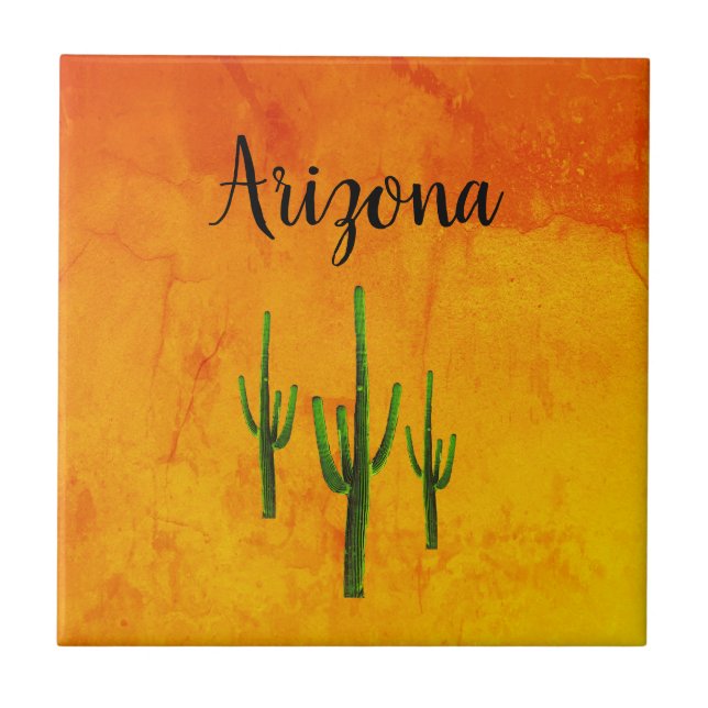 Arizona Desert Southwest Cactus Typography  Ceramic Tile (Front)